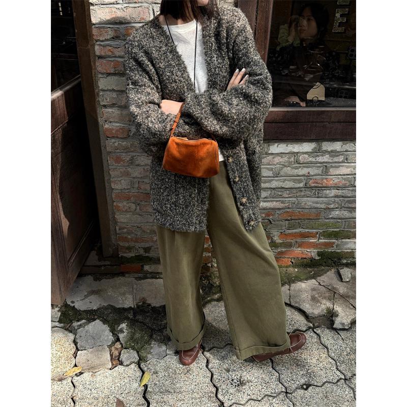 灰色宽松毛衣外套女秋冬高级感系慵懒风韩针织开衫单排扣长袖新款