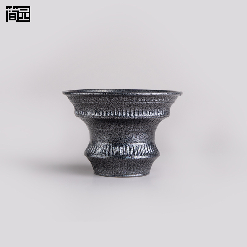 简园「沙生」藏银色金属釉敞口收腰陶瓷花盆圣杯块根植物花盆盆