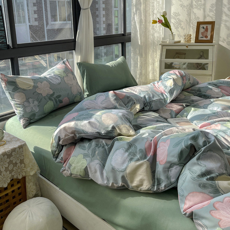 i9at水洗棉四件套小屋~韩式少女复古小碎花安静混搭被套床单三件