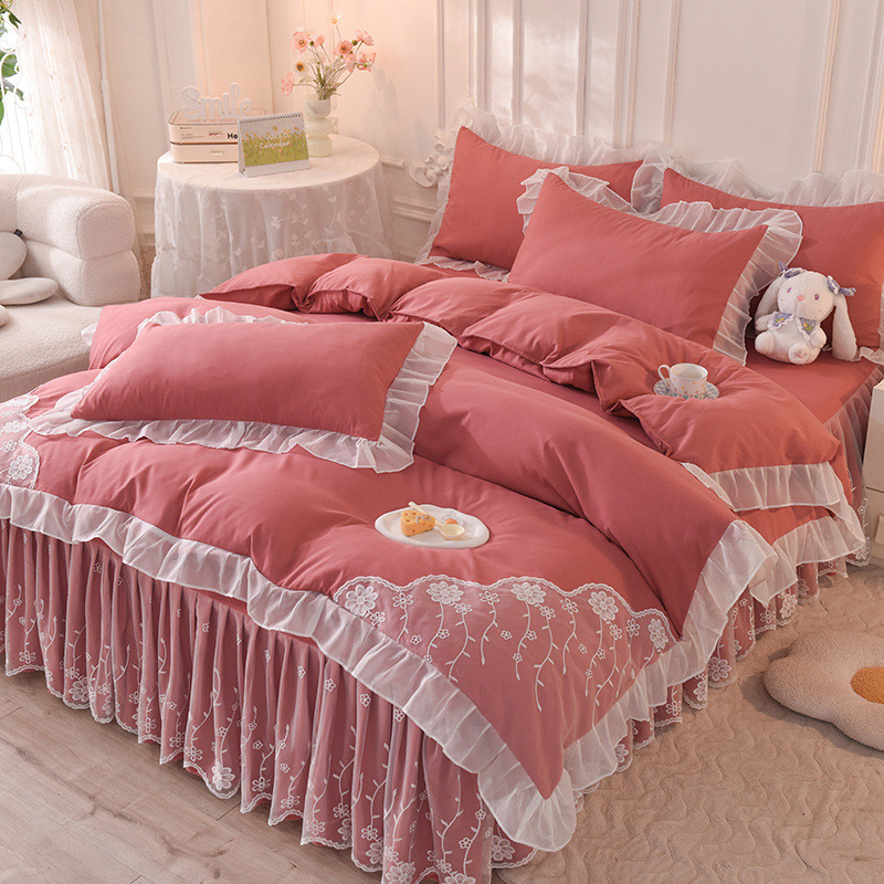 韩版亲肤超柔蕾丝花边磨毛床裙纯色淑女四件套纯色单双人床罩批发