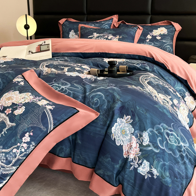 高端中式复古风亲肤澳印花加厚磨毛棉四件套被套床单秋冬床上用品