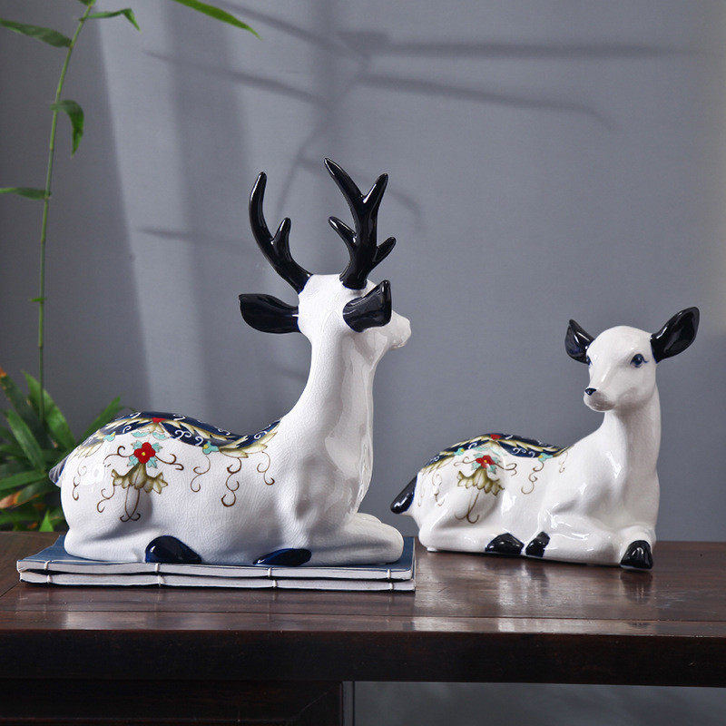 创意田园青花坐鹿陶瓷摆件骨瓷家居书房客厅纯手工白瓷厂家直销,特色手工艺,青花瓷,淘宝优惠券,粉丝福利购,淘宝优惠卷