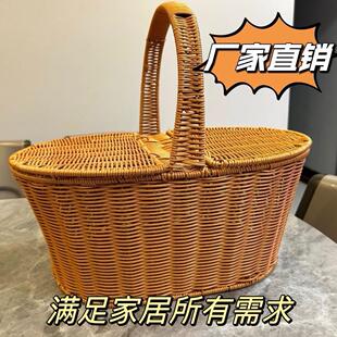 带盖手提篮纯手工编织手提篮实用生活手提篮购物篮采摘篮买菜篮子