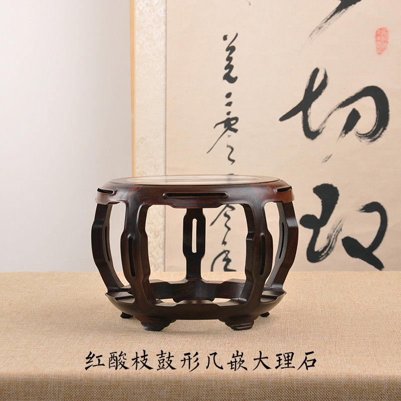雕工艺品黑檀酸枝镶大理石花瓶底座实木圆形花盆盆景摆件底座
