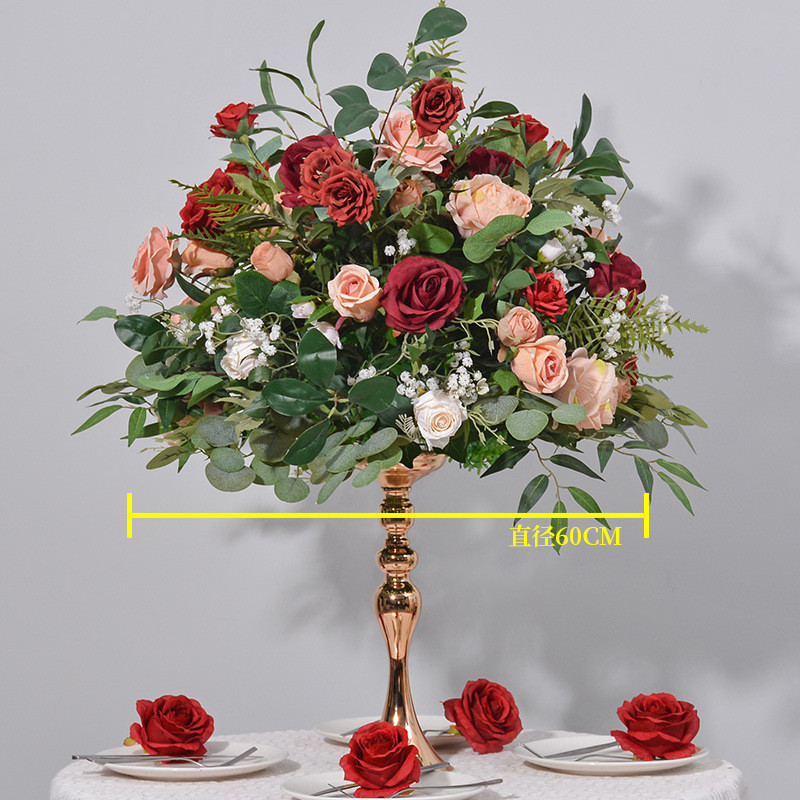 新款绿植+红色花球仿真餐桌会议桌摆放桌花花器烛台装饰婚礼花球