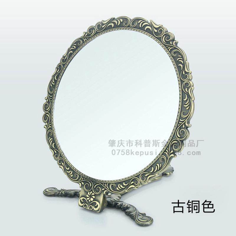 随身化妆金属镜折叠复古大圆形手柄镜便携式美容手持手拿镜胚定