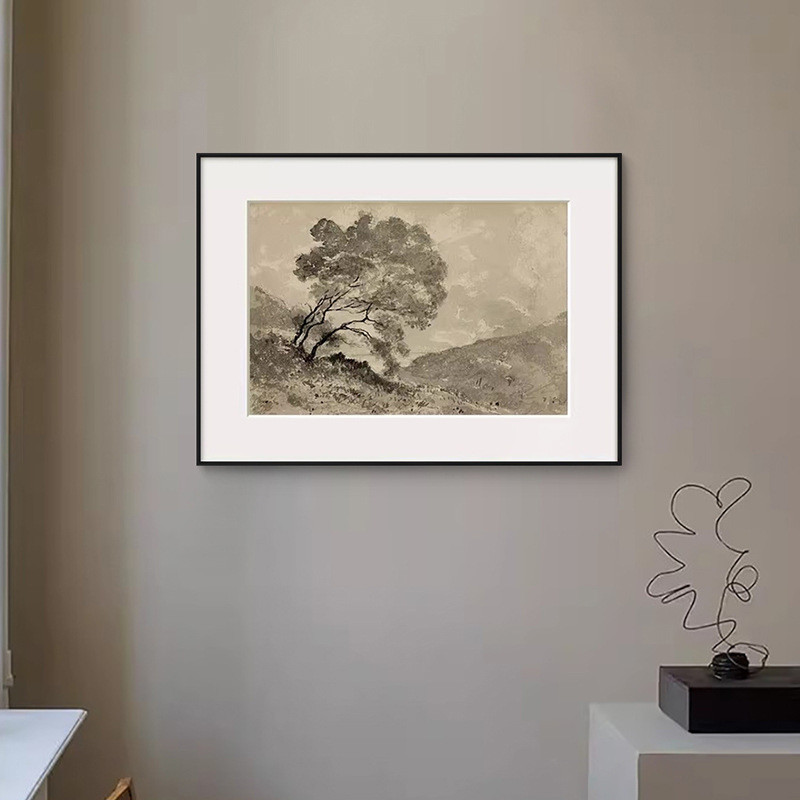 树法式中古风客厅壁画黑白素描装饰画复古玄关走廊书房样板间挂图片