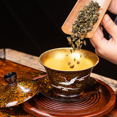 热销高端漆器茶具大漆鎏金手绘鹤三才盖碗纯手工陶瓷大号弘一泡茶