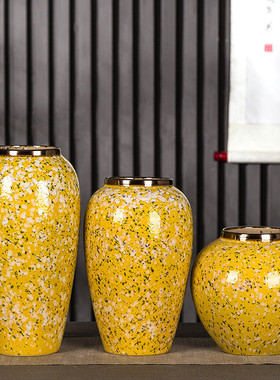 景德镇陶瓷花瓶现代简约黄色花瓶摆件干花仿真花假花盆客厅卧室插