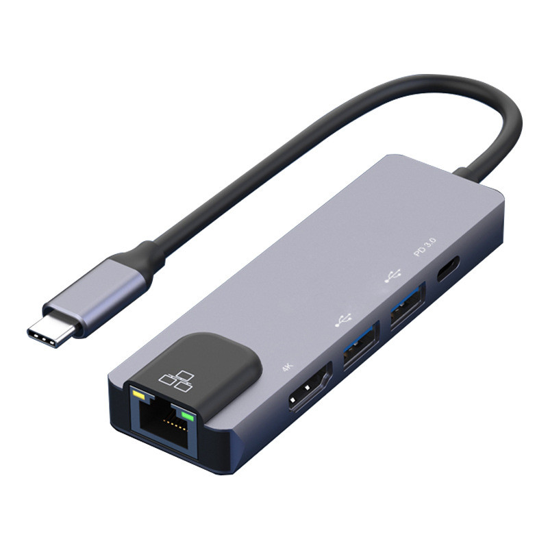 Type-C转HDMI+双USB+PD3.0+RJ45百兆网口扩展坞适配器五合一4K