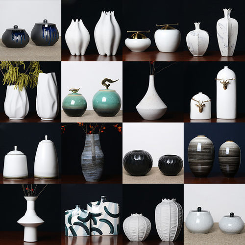 热销新中式软装售楼处客厅酒柜台面花器插花陶瓷摆件玄关花瓶工艺