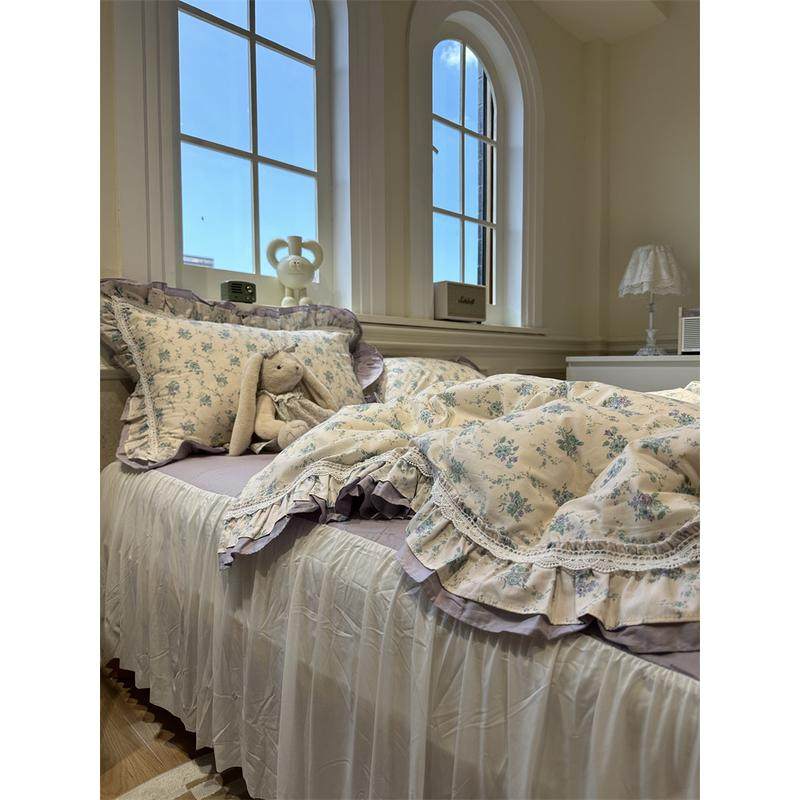 2eie韩式碎花蓝紫蕾丝花边床裙款四件套1.5m1.8米被套床单公主风