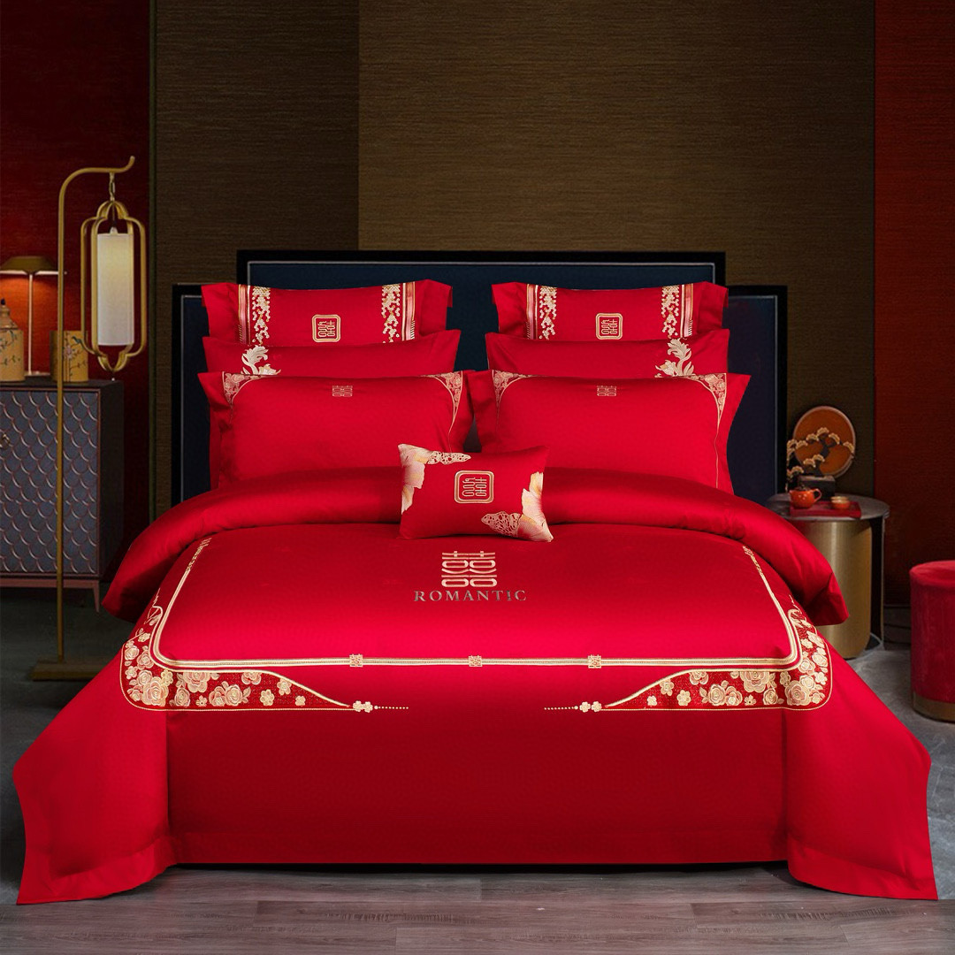 新中式刺绣婚庆四件套长绒棉被套红色结婚中式全棉100支床上高档