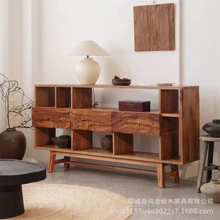 老榆木复古边柜博古架茶叶柜展示储物柜实木新中式多宝阁立体收纳