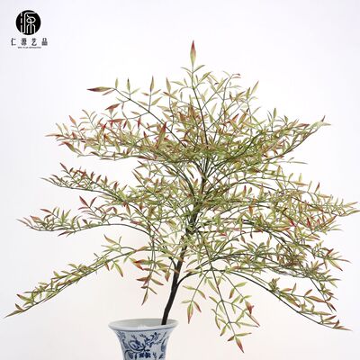 大南天竹仿真植物枝叶软胶漆木中式茶室绿植盆栽装饰天竺葵配件