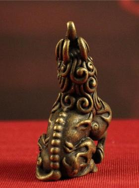 仿古纯铜麒麟小摆件实心黄铜古玩瑞兽茶道铜手把件狻猊小铜器