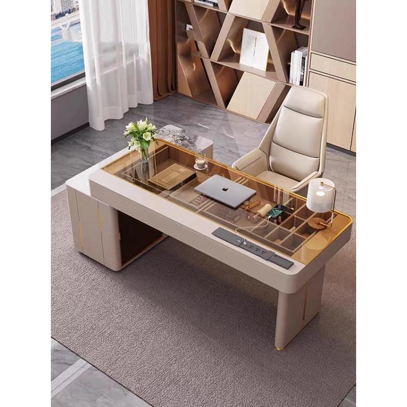 轻奢书桌家用电脑桌岩板办公桌转角梳妆台全实木收纳柜一体桌