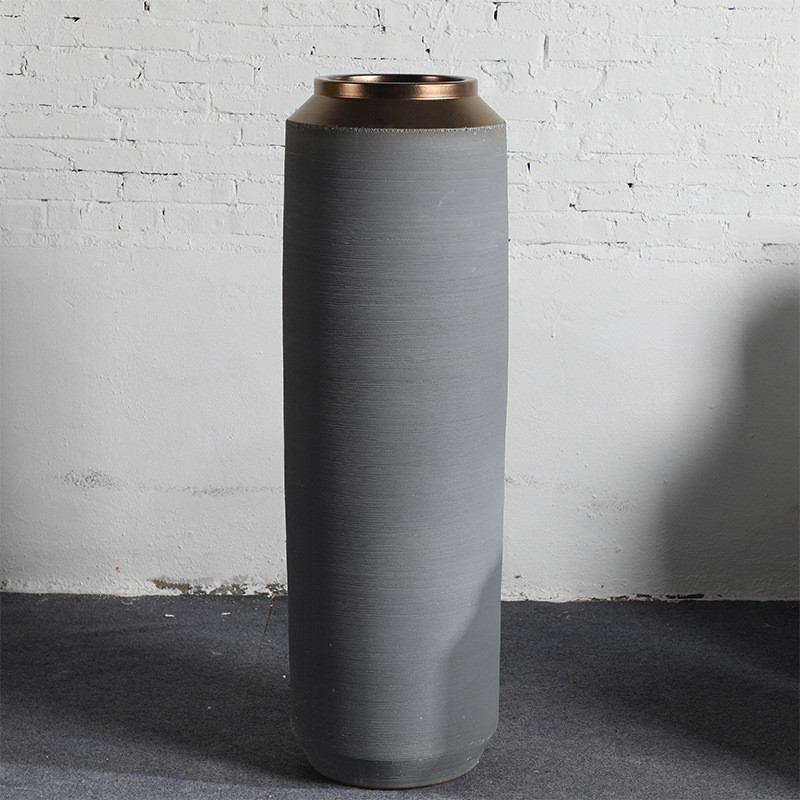 现代简约灰色干花粗复古大号落地花瓶摆件客厅插花欧式陶罐陶瓷