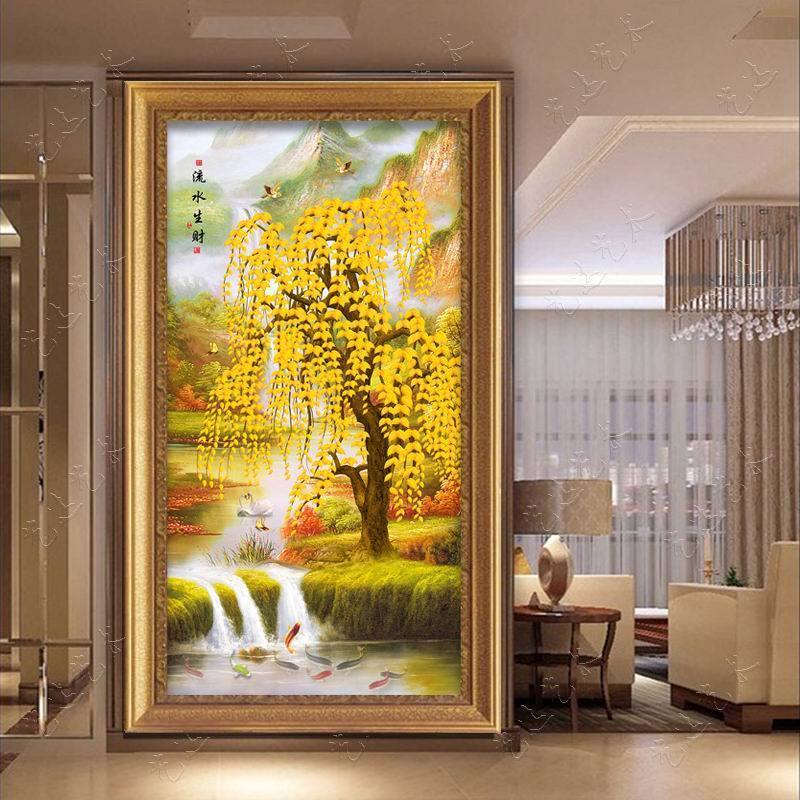 欧式入户玄关装饰画竖款过道走廊美式挂画风景发财树油画竖版立体图片