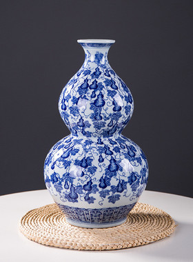 景德镇工艺品摆件手绘葫芦陶瓷花瓶插花器新中式家居装饰青花瓷