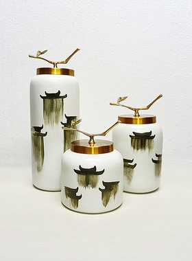 现代简约陶瓷花瓶摆件新中式花器样板房软装饰品铜花瓶带盖饰品