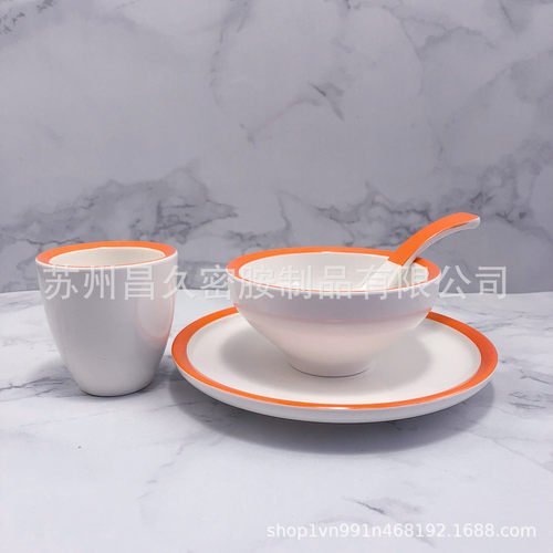 密胺仿瓷餐具酒店饭店特色简约三件套餐厅时尚摆台碗盘杯勺四件套