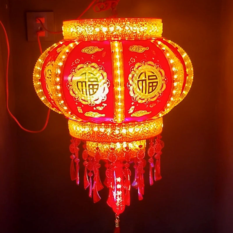新款大红灯笼灯吊灯电动春节旋转新年七彩led走马灯厂家批发灯笼