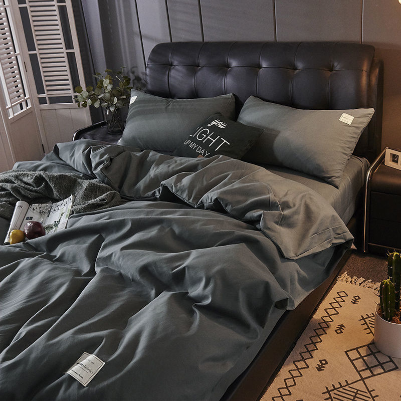 中式复古风枣红色婚庆用品四件套床单被套简约纯色宿舍床上三件套