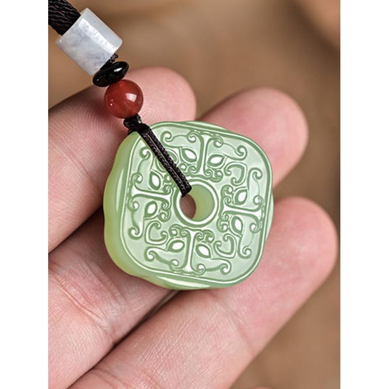 和田玉四方守护吊坠男玉浅青色和田玉平安扣四方守护女款挂件带证