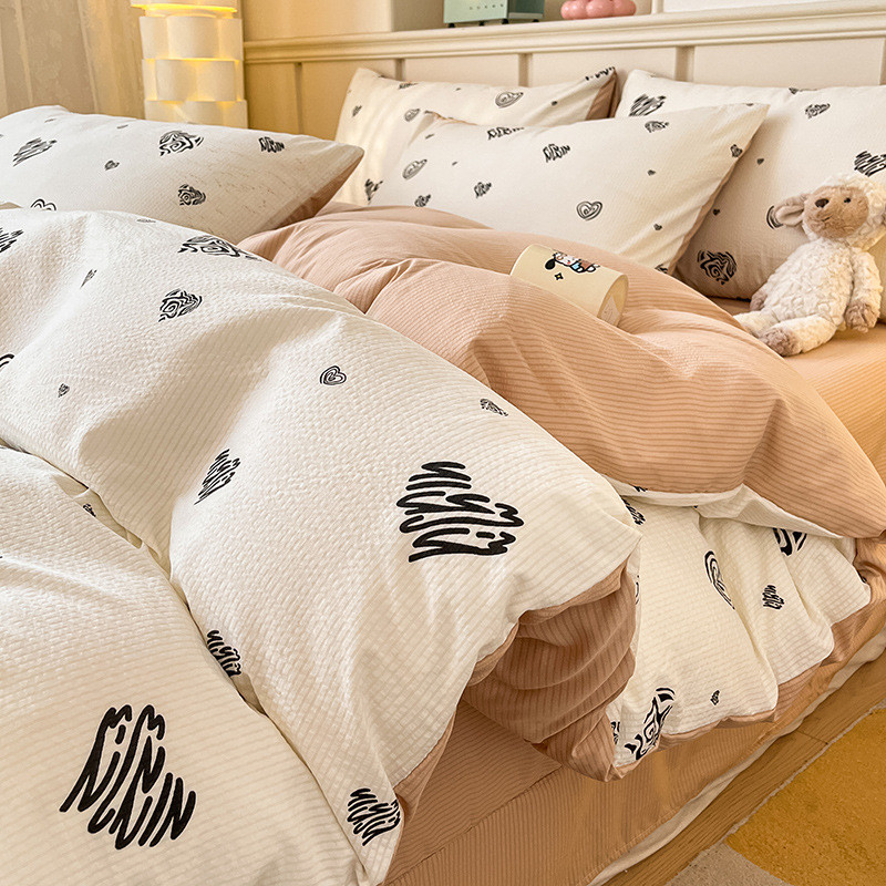 批发ins少女心韩式碎花亲肤泡泡棉纱皱皱花边四件套公主风4件套