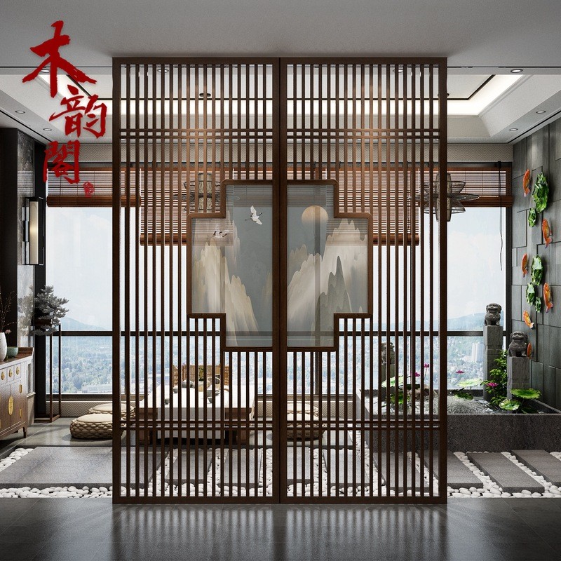 新中式屏风隔断客厅移动玄关实木进门格栅卧室遮挡家用山水画茶室
