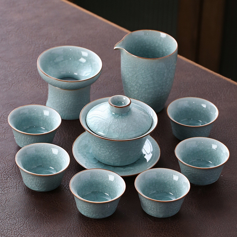 十路青汝窑茶具套装家用客厅功夫茶具小套茶壶盖碗高端办公室会客