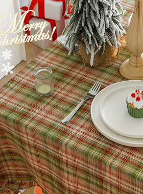 wm9a圣诞风主题桌布结婚红色格子美式新年台布茶几圣诞节主题餐桌