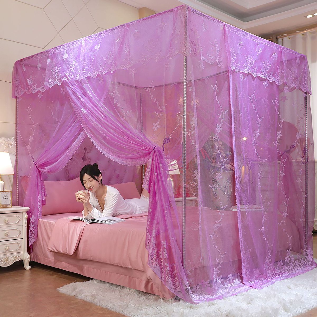 结婚蚊帐1.8m床公主风落地支架宫廷式1.21.5m家用加密加厚单门床