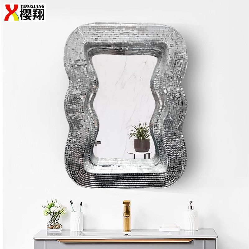 马赛克镜子桌面卧室简约镜子浴室波浪装饰镜梳妆台挂墙化妆镜