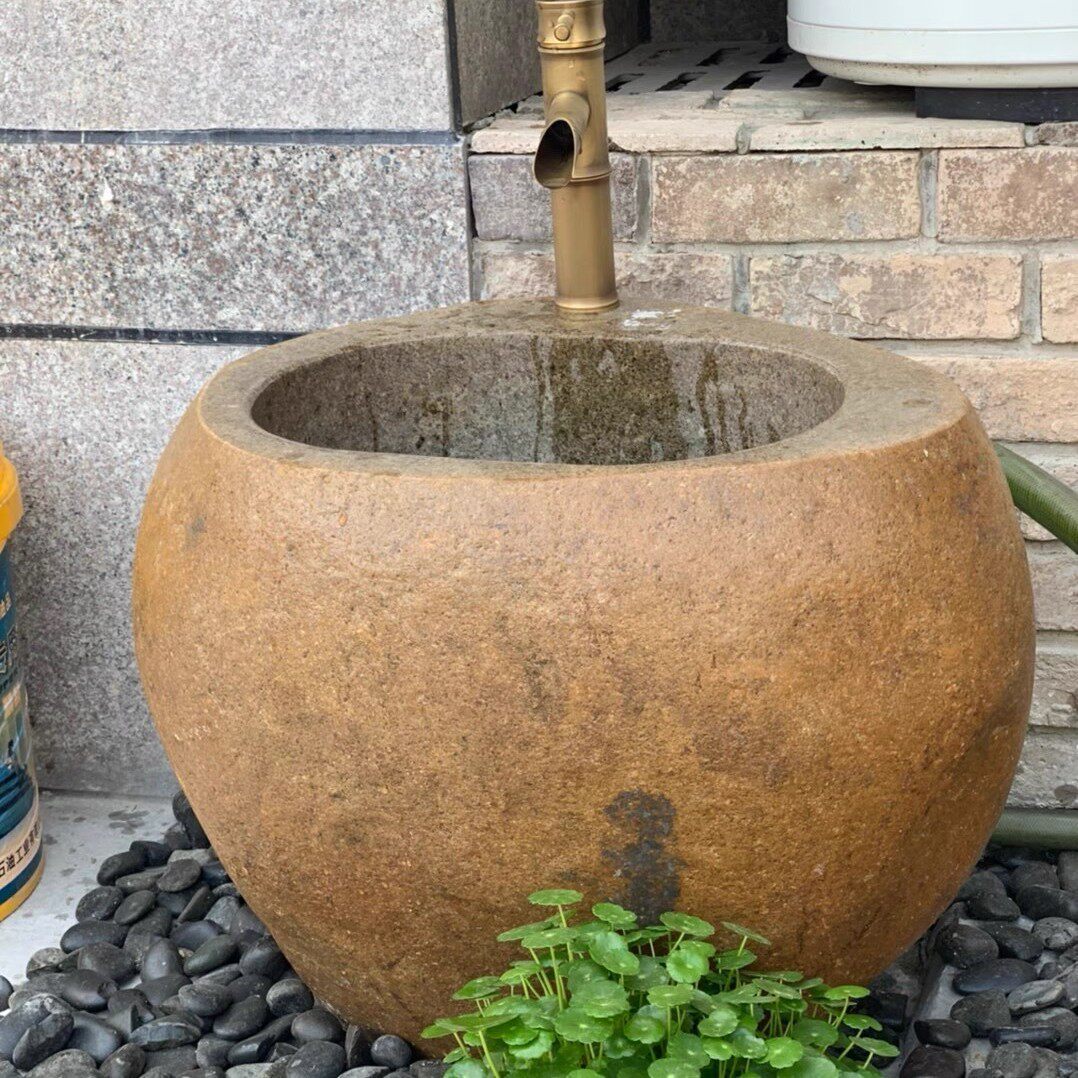 天然鹅卵石槽池田家用石头墩拖布池庭院拖布拖把户外花园艺术水池