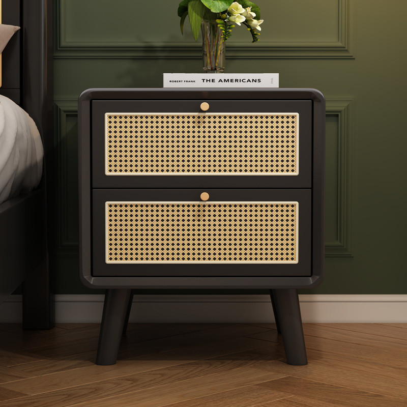 热销法式复古风实木床头柜卧室家用小型黑色轻奢收纳储物藤编床边