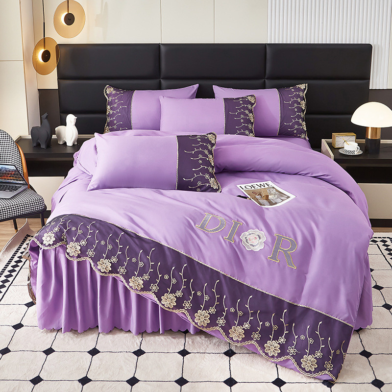 韩版公主风四件套纯色蕾丝花边被套亲肤活性水洗棉床单磨毛