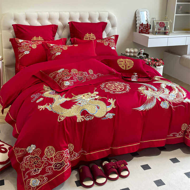 中式龙凤刺绣结婚四件套红色床单被套纯棉被婚庆床上用品婚房喜新,床上用品,婚庆床品套件,淘宝优惠券,粉丝福利购,淘宝优惠卷