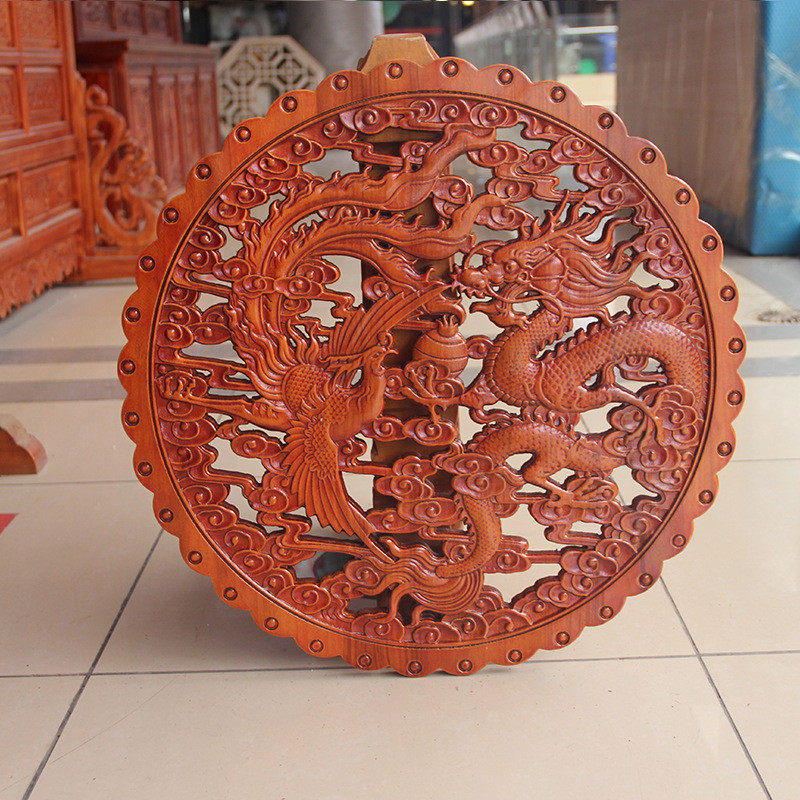 东阳木雕刻画中式复古香樟木仿古花格装饰圆形实木福字墙壁挂件