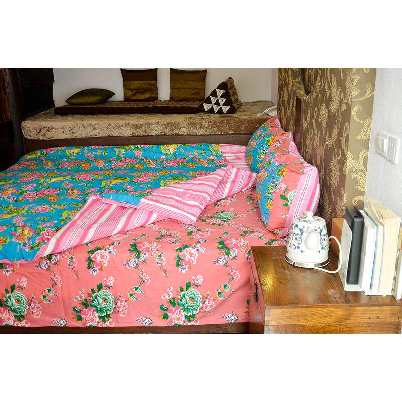 丹凤创意：东北大花布蓝粉色床品六件套床抱枕套件床单被罩枕套品