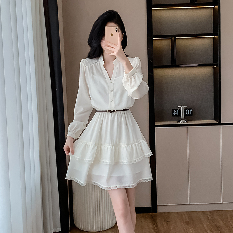 68小众高货气质V领长袖雪纺连衣裙女2025秋季新款小个子收腰法式a