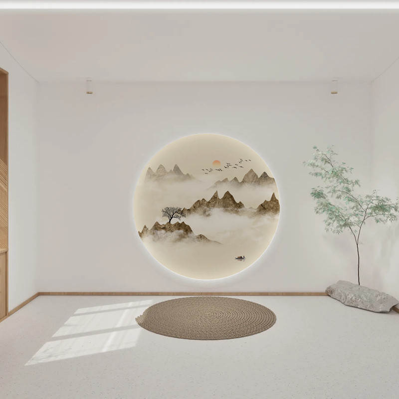 现代新中式圆形玄关装饰画客厅书房山水风景走廊过道背景墙无纺布图片