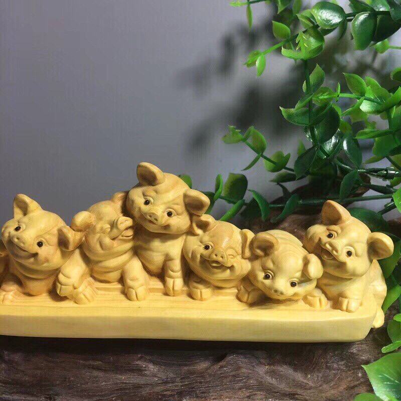 黄杨木雕七小福猪摆件十二生肖猪手把件车载摆饰木质工艺品批发