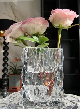 欧式水晶花瓶卢索扁方玻璃透明花瓶装饰摆件花器ins璀璨水晶花瓶
