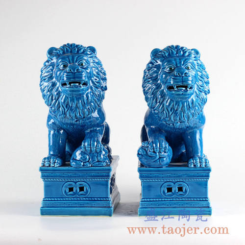 热销仿古孔雀大号兰色对狮蓝釉狮子狗陈设摆设雕塑动物摆件