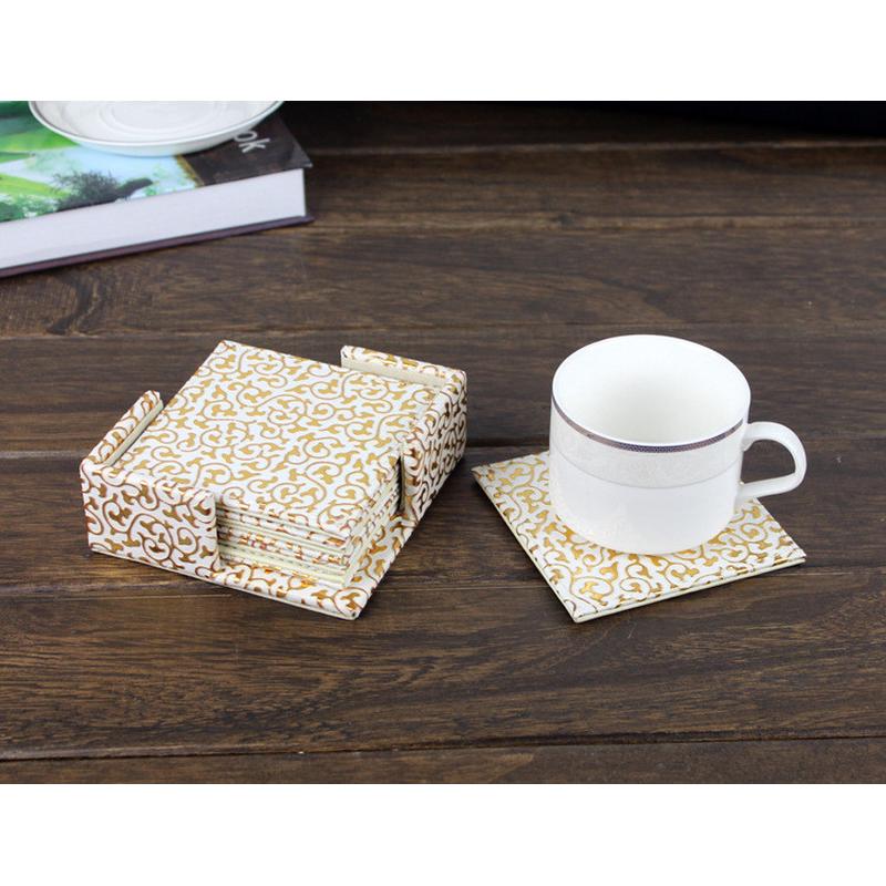 金色皮革餐桌用品垫餐垫碗茶杯垫防烫垫隔热垫六片装批发