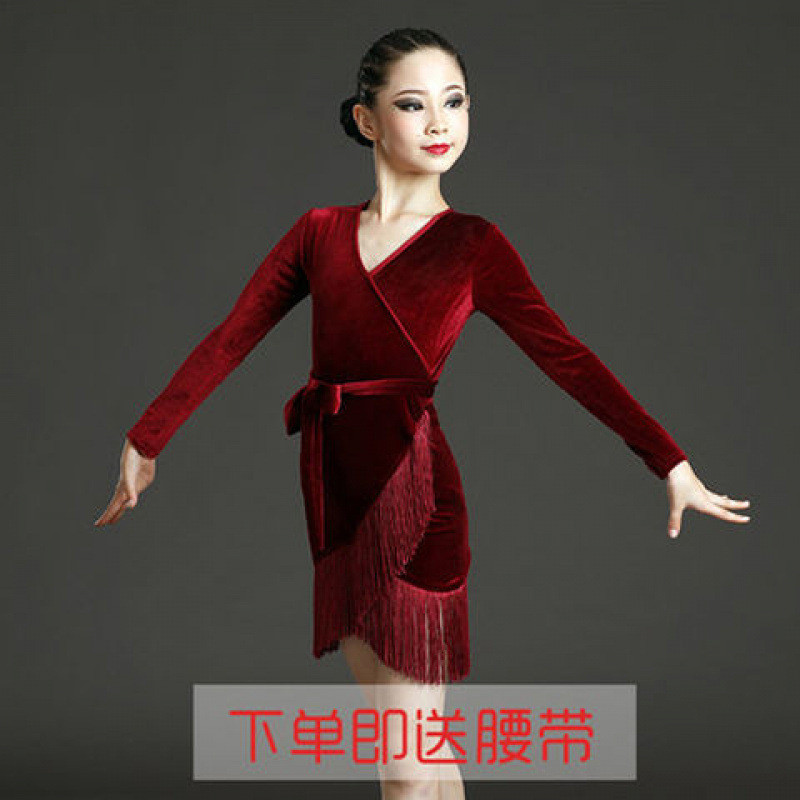 拉丁舞比赛服新款女童拉丁舞裙儿童练功服流苏秋冬丝绒长袖舞蹈