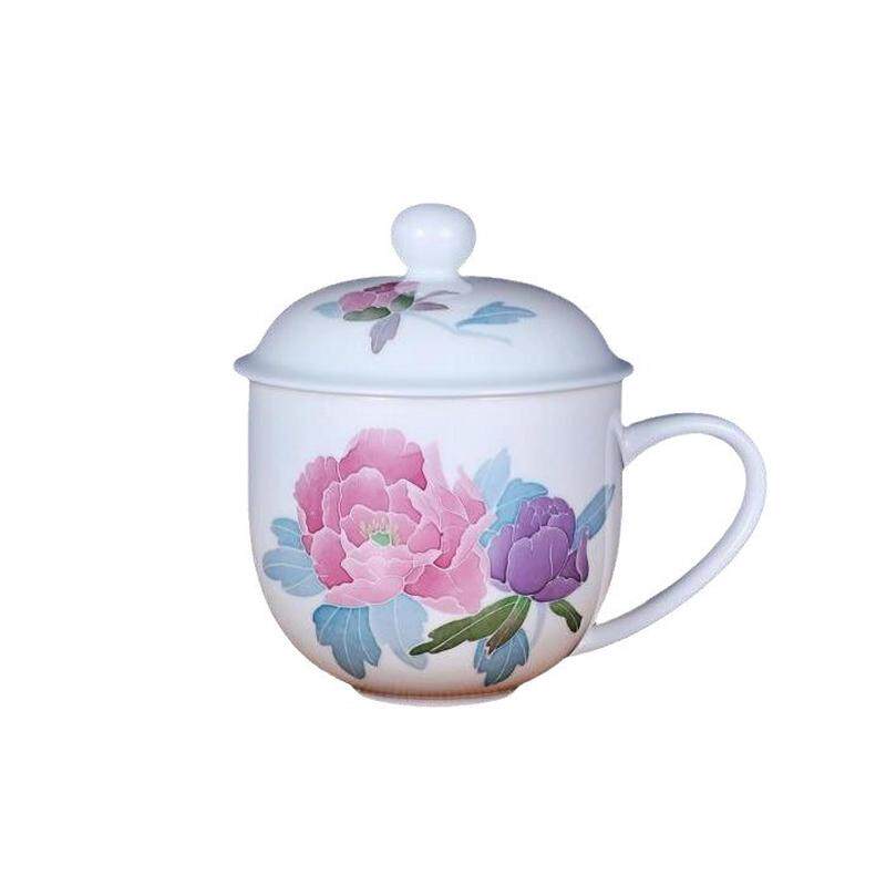 釉手绘五彩下花卉贵妃杯陶瓷办公杯泡茶杯送女性礼品带盖杯子水杯