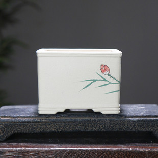 紫砂花盆白段泥绘手绘手工觅四方荷花鸳鸯盆景盆正方形陶乡苏兵制